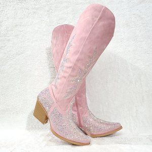 Crystal Pink Multi Color Rhinestones Country Glam Western Cowgirl Knee Boots